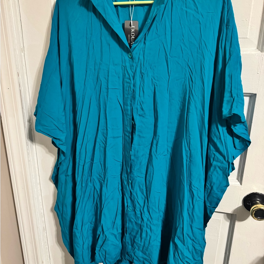 Vibrant Teal Button-Up Dress with Poncho-esque sleeves
